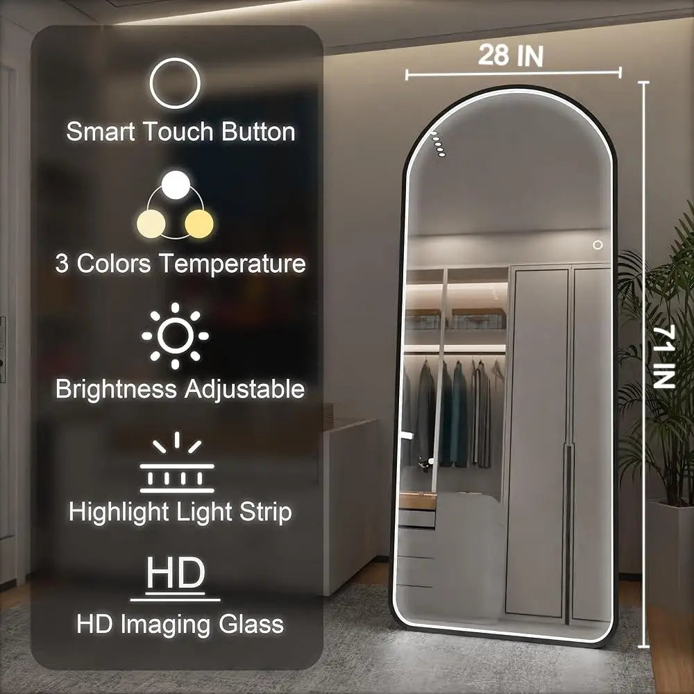 LED Full Length Mirror with Lights Arched Design Dimmable Multi Color Lighting Wall Mounted Free Standing Bedroom Dressing Room