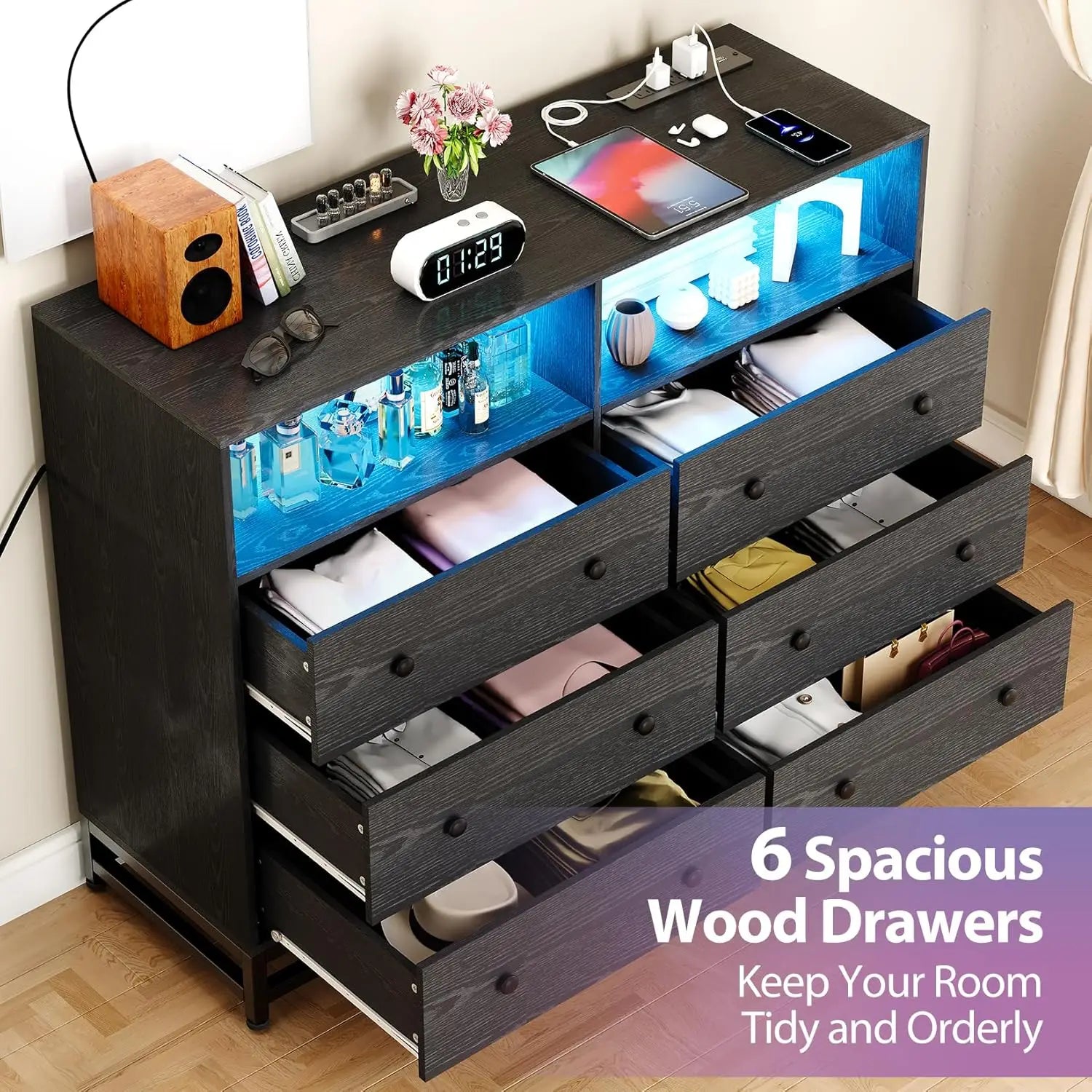 6 Drawers Wooden Dresser for Bedroom,Solid Wood Dressers with Charging Station and LED Lights,Modern TV Stand Dressers for 50"TV