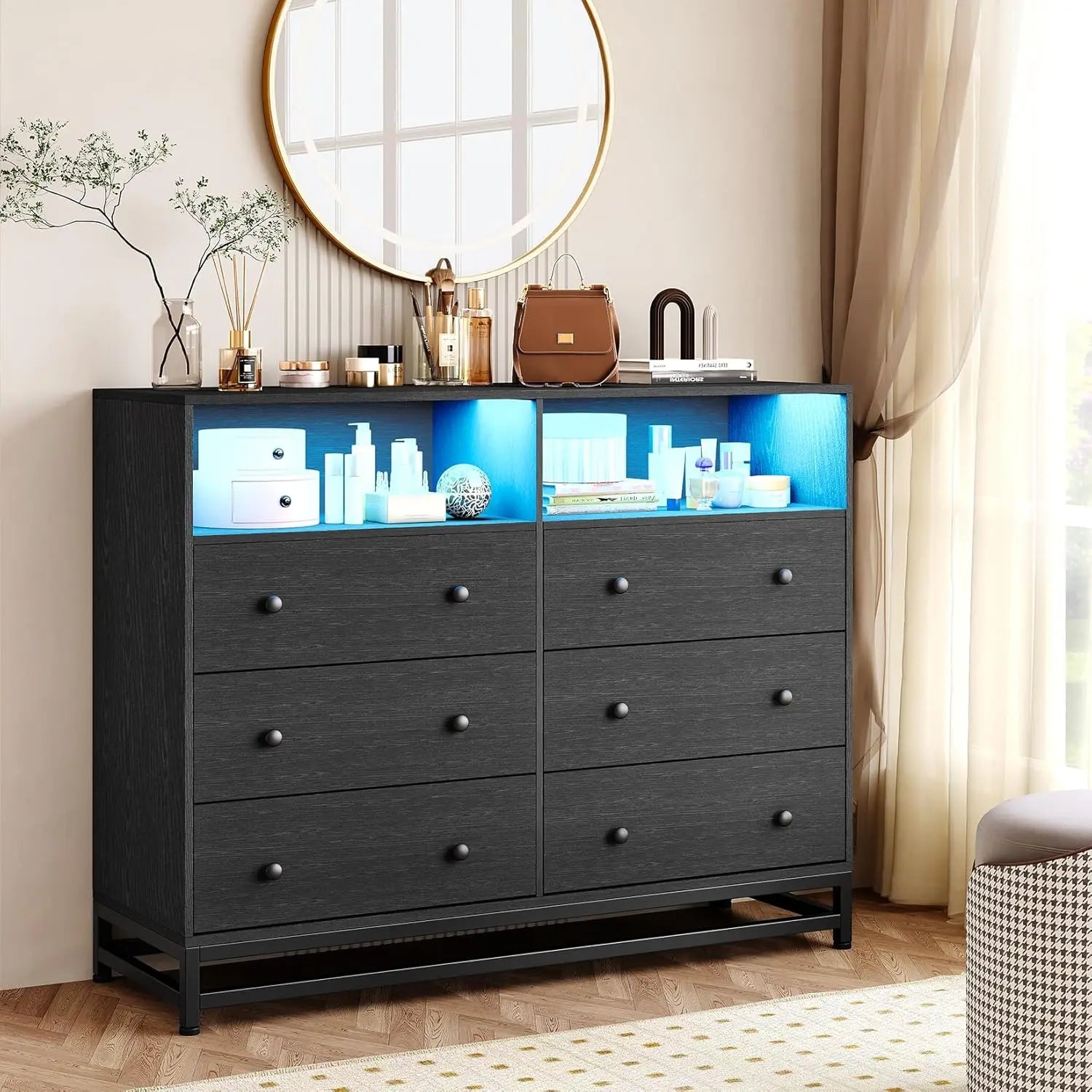6 Drawers Wooden Dresser for Bedroom,Solid Wood Dressers with Charging Station and LED Lights,Modern TV Stand Dressers for 50"TV