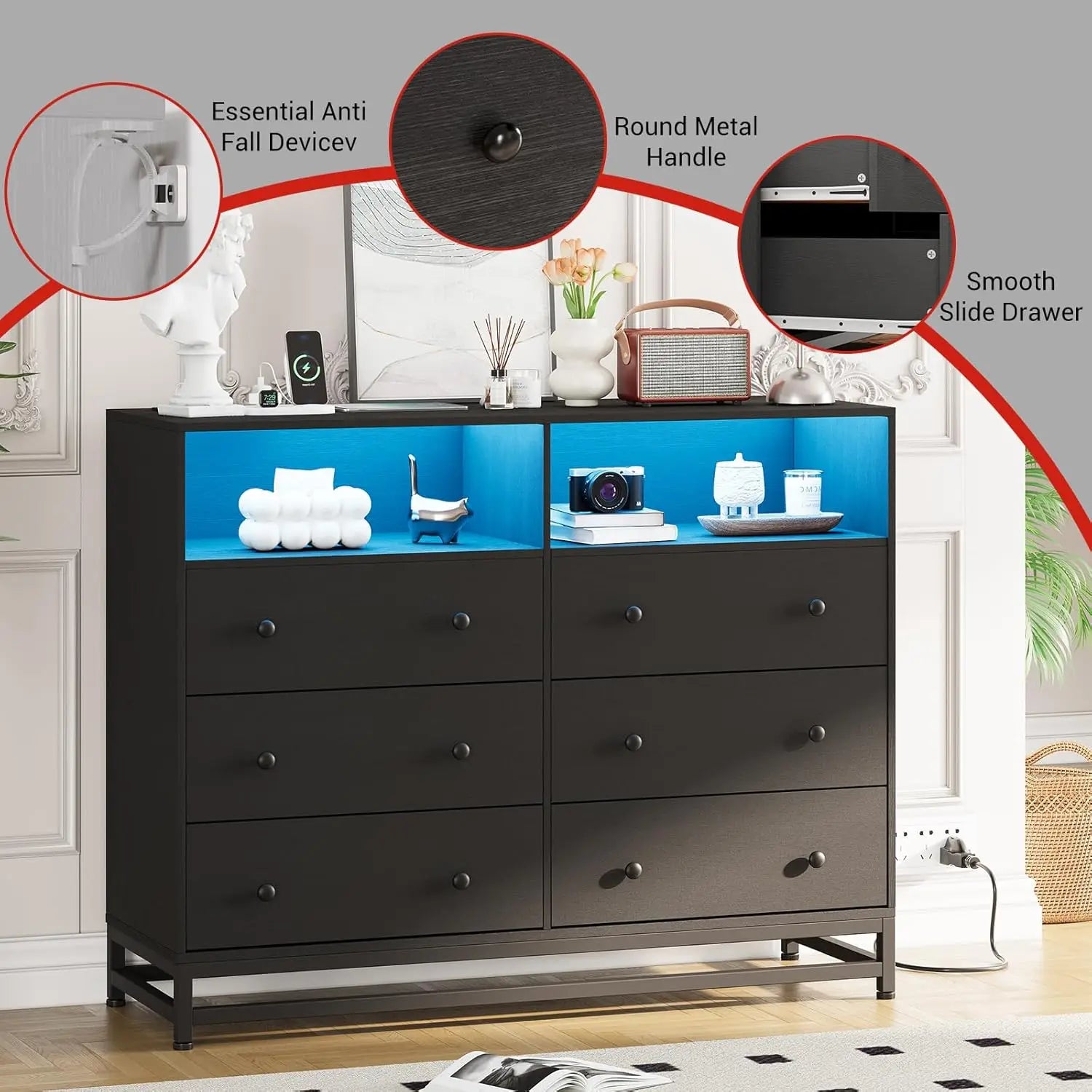 6 Drawers Wooden Dresser for Bedroom,Solid Wood Dressers with Charging Station and LED Lights,Modern TV Stand Dressers for 50"TV