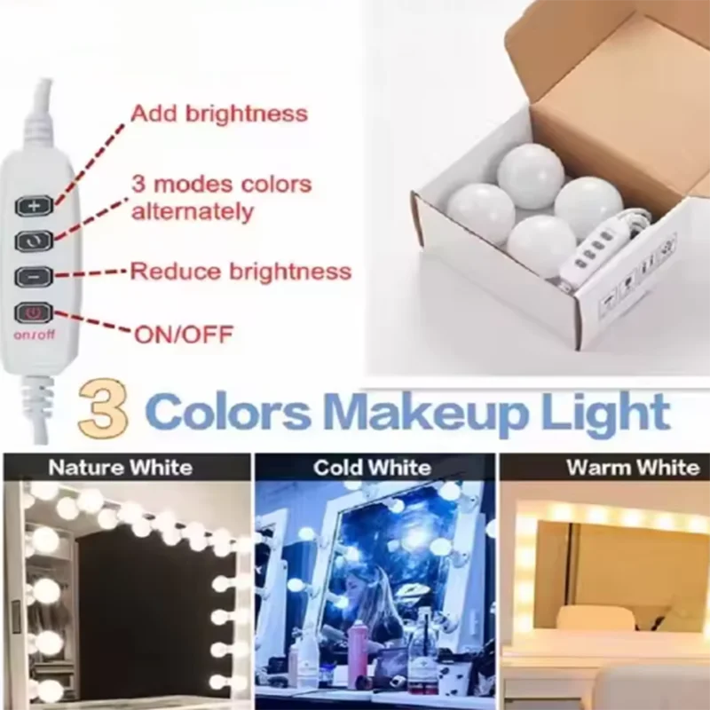 Make Up Mirror Vanity Light 10 Dimmable Bulb Adjustable Color Brightness Light Stick On For Makeup Table Dressing